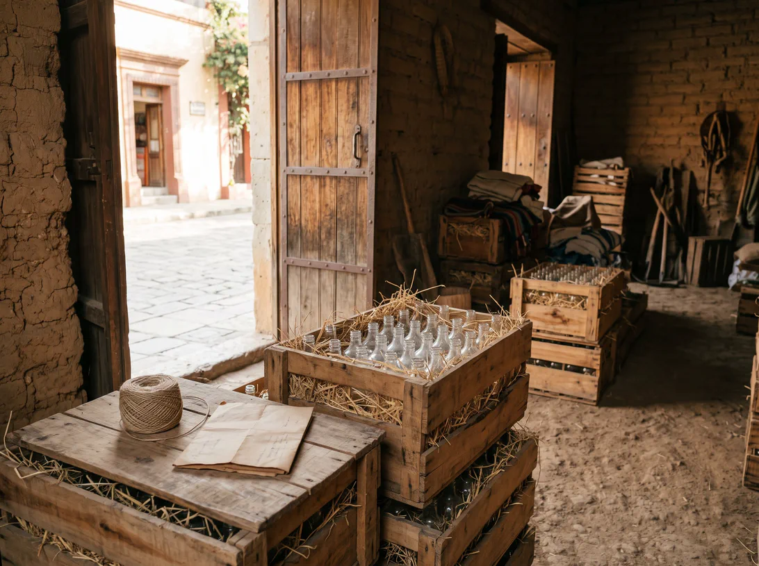 Cajas de exportación con botellas sin etiquetar entre paja, en la puerta de una bodega de adobe