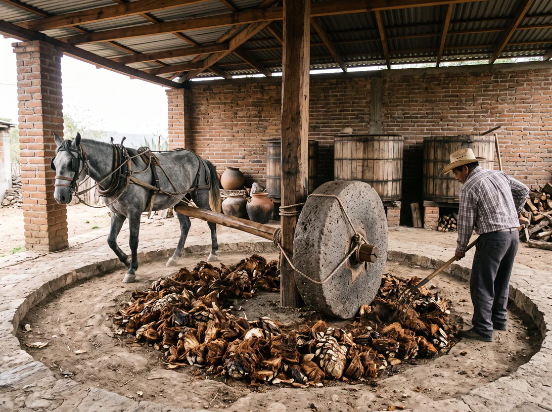 Un caballo hace girar la tahona de piedra sobre las piñas de agave asadas, junto a un trabajador con horquilla