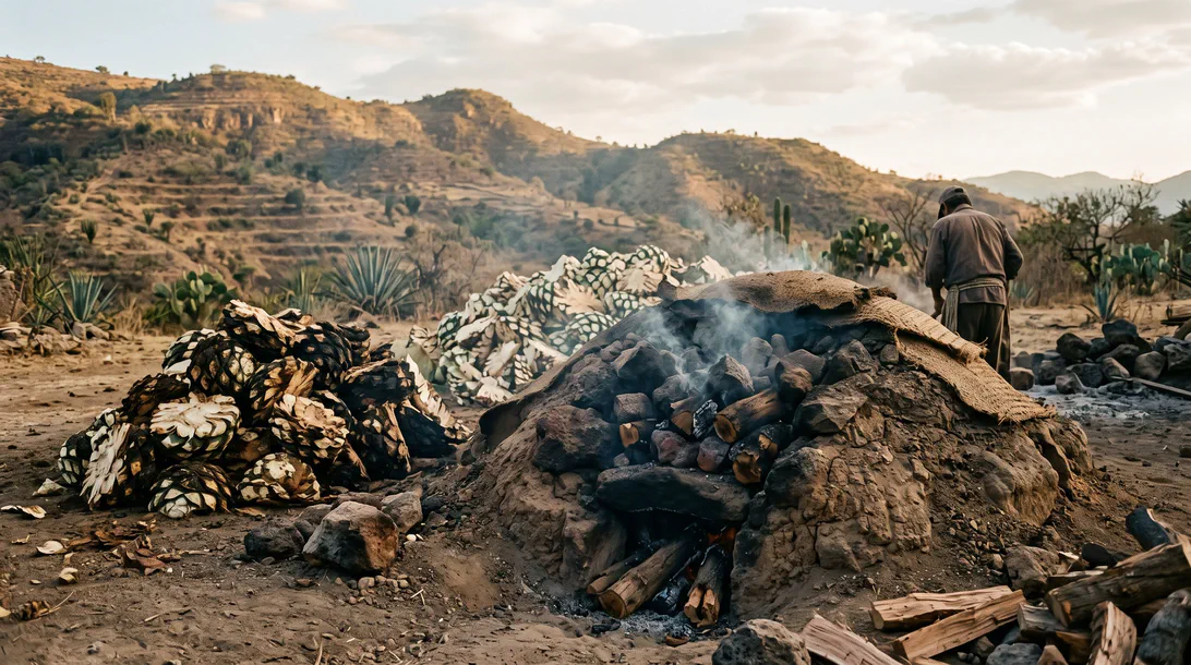 Horno de piedra encendido y piñas de agave partidas